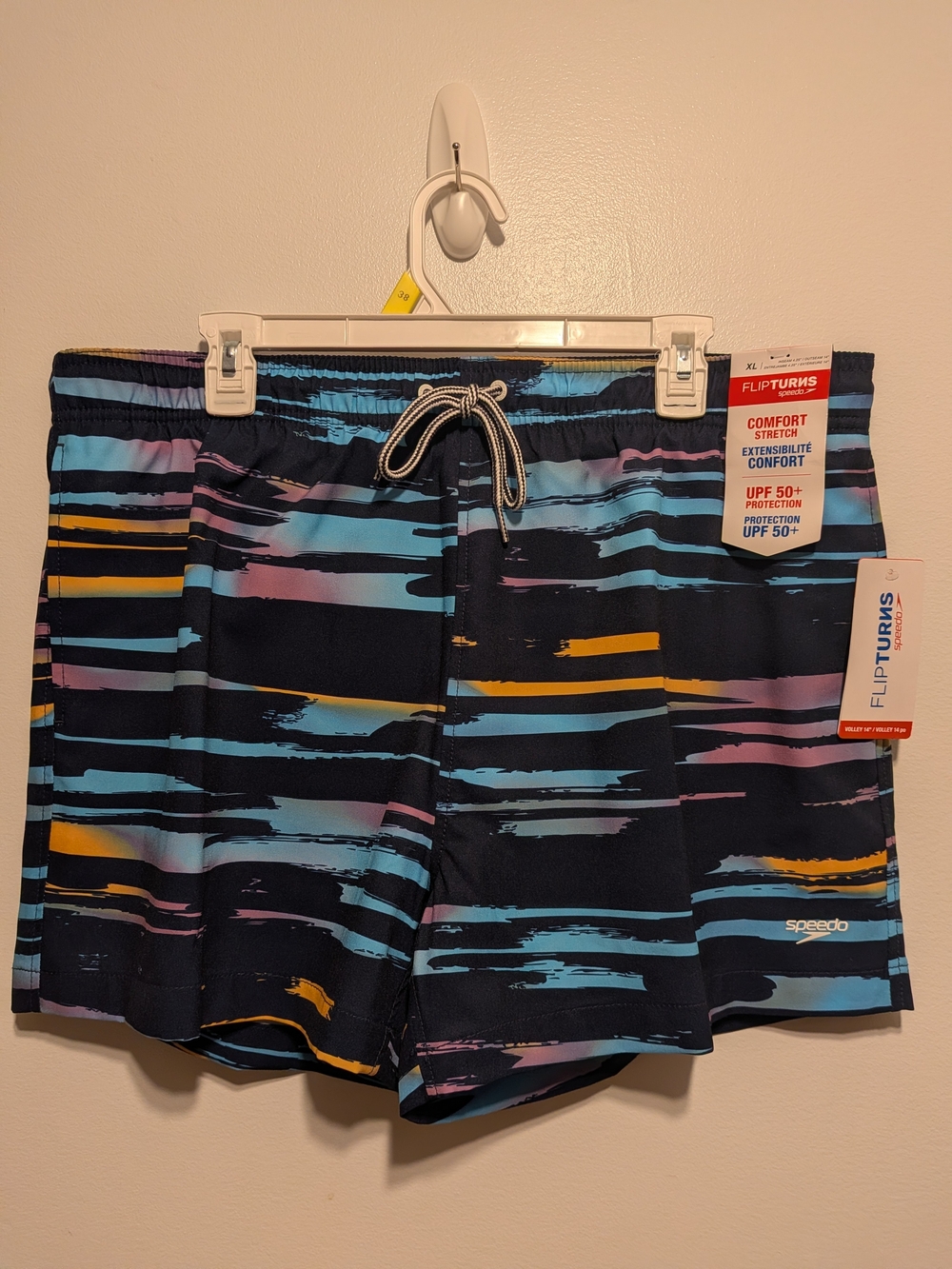 Speedo Navy Swim Shorts with Blue, Pink & Yellow Brushstroke Stripes